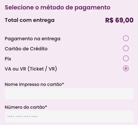 Tela de pagamento da loja nova da Jabuticaba, com quatro opções: pagamento na entrega, cartão de crédito, Pix e VA ou VR (Ticket / VR). A opção VA ou VR está selecionada.