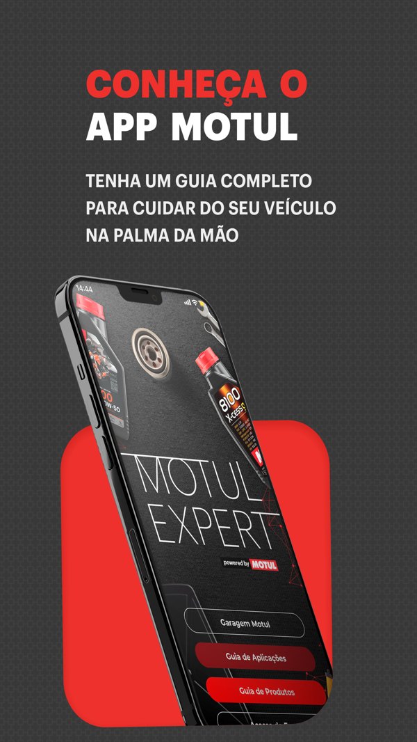 Imagem de divulgação do Motul Expert: o celular com a tela de abertura do aplicativo e os botões Garagem Motul, Guia de Aplicações e Guia de Produtos