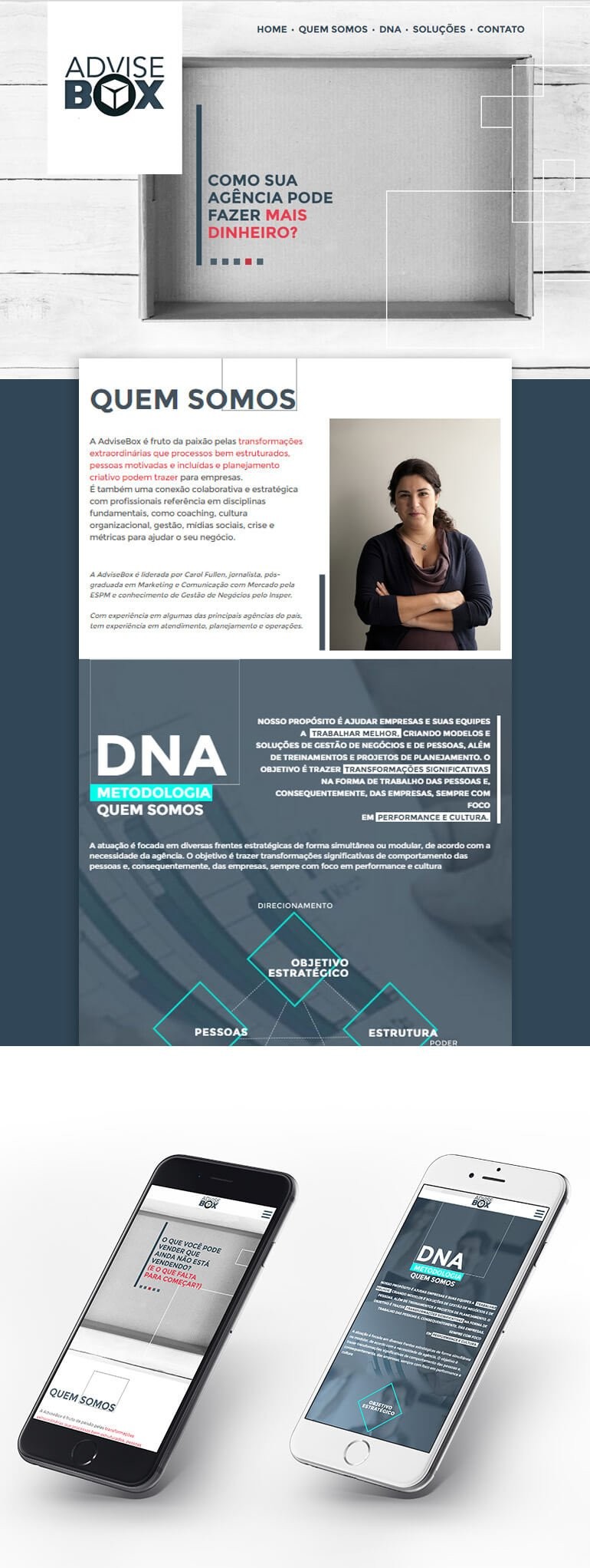Advise Box: telas do site institucional no computador e no celular