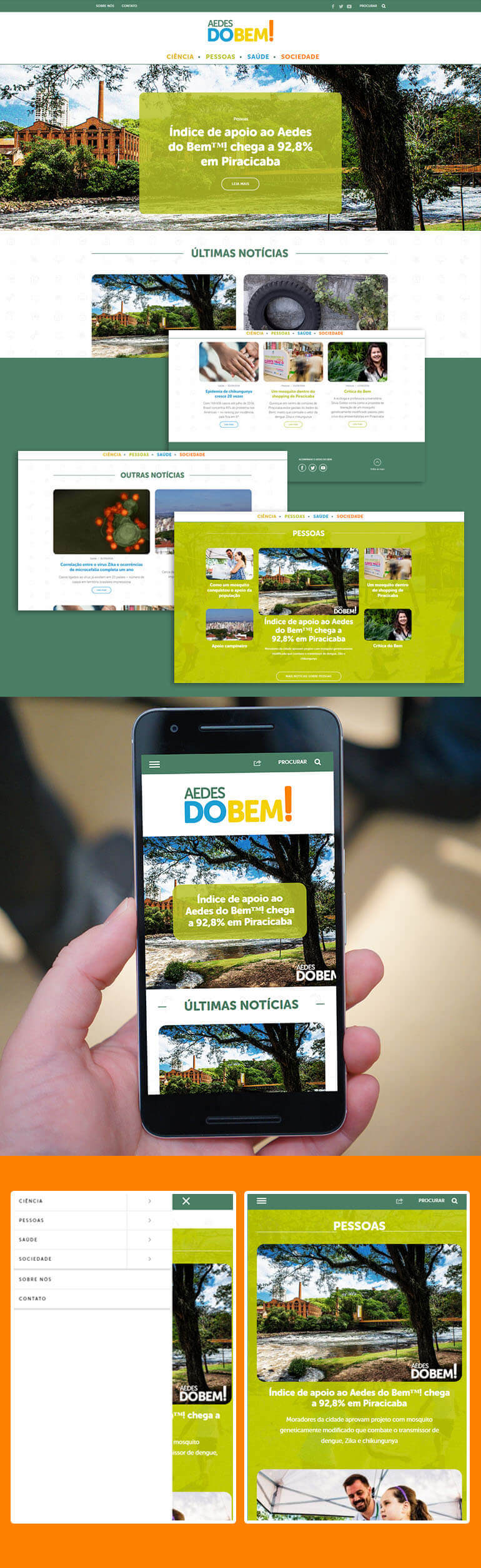 Página inicial do Aedes do Bem e versão responsiva para celulares