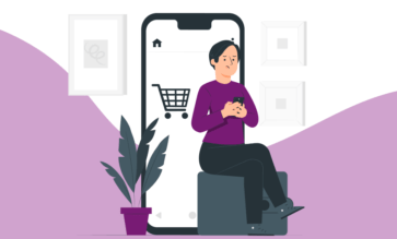Ilustração de uma pessoa mexendo no celular. Atrás dela um celular gigante com um carrinho de compras para ilustrar a ideia de loja virtual e que essa pessoa está pesquisando por que minha loja virtual não vende.