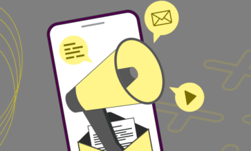 Ilustração com ícone de megafone, caixa de mensagem e player de vídeo para elucidar a proposta do texto que fala por que empresas B2B devem investir em Marketing Digital