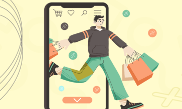 Ilustração de uma pessoa com sacolas de compra saindo de um celular que simboliza as lojas virtuais